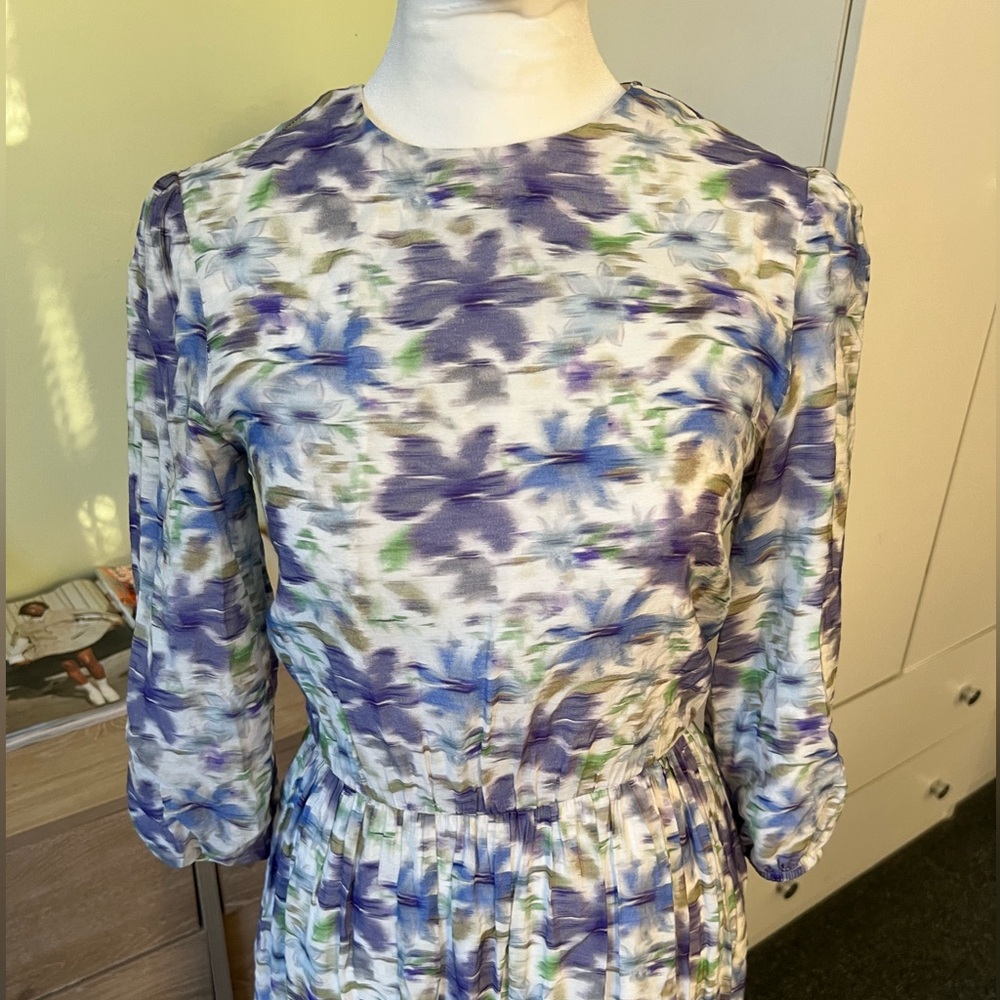 Blurred Watercolor Ikat Floral Pattern Modest 3/4 Puff Sleeve Tier A-line Dress